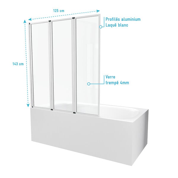 AURLANE - Pare baignoire Pivotant 3 Volets Blanc - 125x143 cm - Verre Trempé 4 mm - ZAGGY WHITE - large