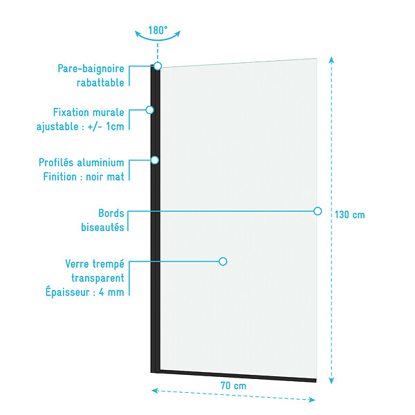 AURLANE - Pare baignoire Rabattable 70x130cm - Profilé Noir Mat - Verre Trempé 4mm - ELEMENTARY - large