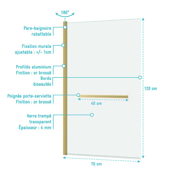 AURLANE - Pare baignoire Rabattable avec porte-serviette 70x120 cm - Profilé Or Brossé - Verre 4 mm - large
