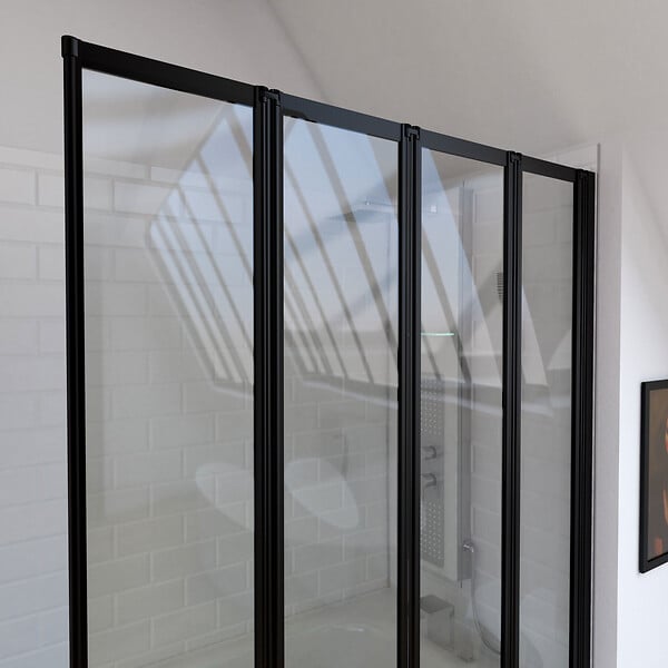 AURLANE - Pare baignoire 4 volets pivotants - profiles noir mat - verre transparent 4mm - TETRA BLACK - large