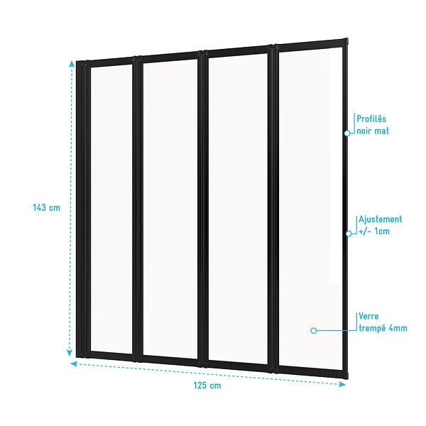AURLANE - Pare baignoire 4 volets pivotants - profiles noir mat - verre transparent 4mm - TETRA BLACK - large