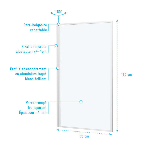 AURLANE - Pare baignoire rabattable 75x130cm - Finition Blanc - WHITE CONTOURING SCREEN - large
