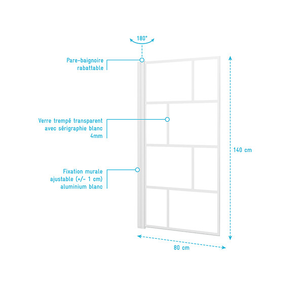 AURLANE - Pare Baignoire Rabattable 80x140cm - Sérigraphie Briques Blanches - Verre Trempé 4mm - large