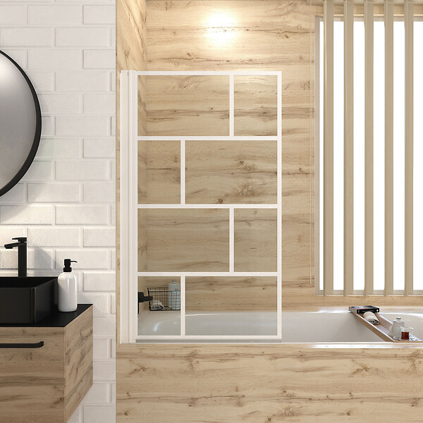 AURLANE - Pare Baignoire Rabattable 80x140cm - Sérigraphie Briques Blanches - Verre Trempé 4mm - large