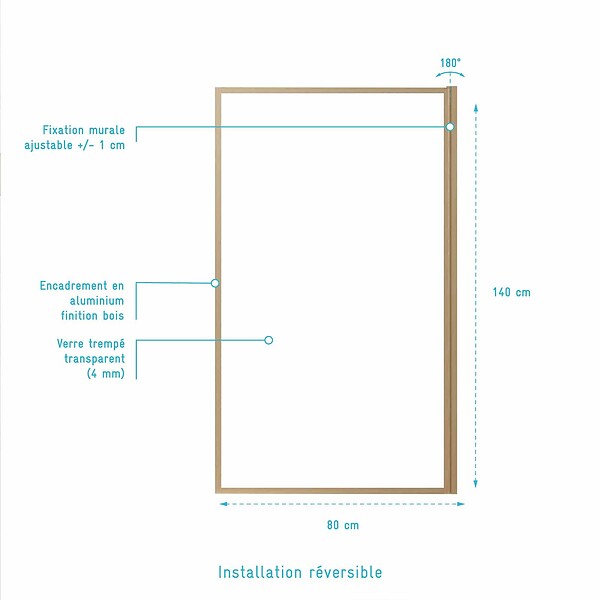 AURLANE - Pare baignoire Rabattable 80x140 cm - Cadre Aluminium Décor Bois - Verre Trempé Ondulé 4 mm - large