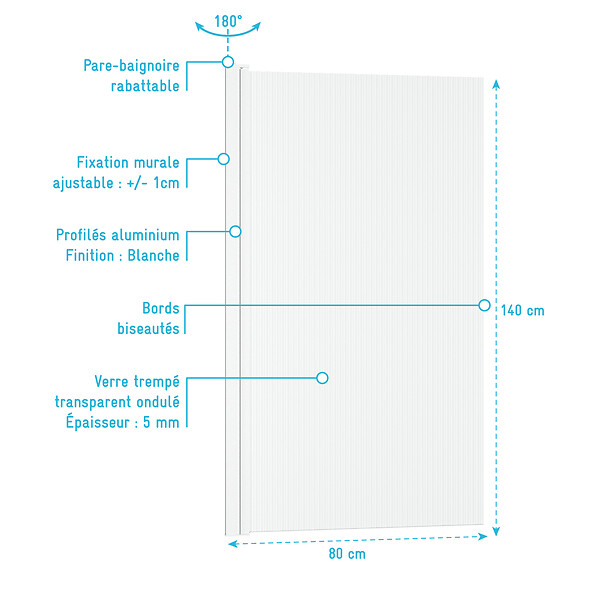 AURLANE - Pare baignoire Rabattable 80x140cm - Profilé Blanc - Verre Trempé Ondulé 5mm - WAVY - large