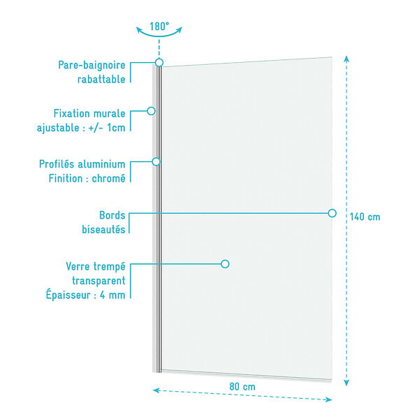 AURLANE - Pare baignoire Rabattable 80x140cm - Profilé Chromé - Verre Trempé 4mm - ELEMENTARY - large