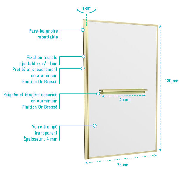 AURLANE - Pare baignoire Rabattable 75x130cm en Verre trempé - Porte-serviette et Etagère Or Doré Brossé - large