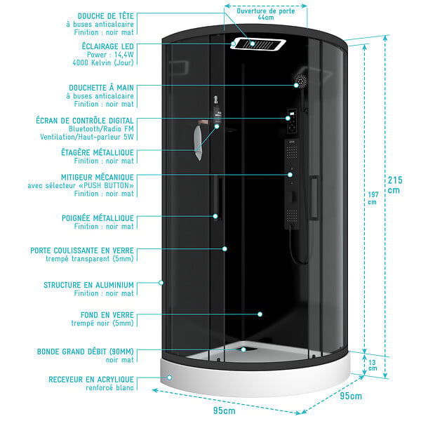 AURLANE - Cabine de douche 1/4 de cercle Hydro 95x95x215 cm - Portes coulissantes - Fonds & Profilés Noir Mat - large
