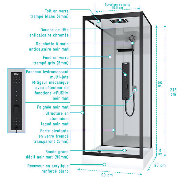 AURLANE - Cabine de douche Hydromassante 90x90x215 cm - Fonds Gris et Profilés Noir Mat - GREY STYLE - large