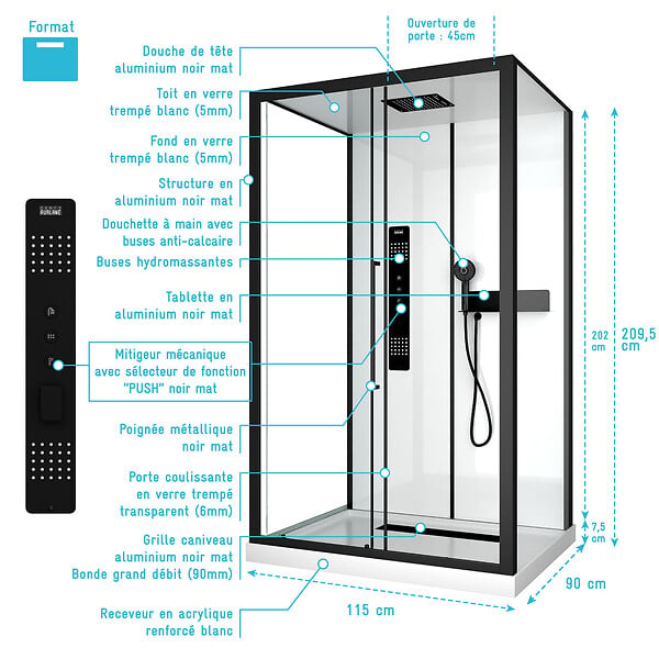 AURLANE - Cabine de douche 115x90x210 cm avec receveur + bonde 90mm + Grille linéaire - FACTORY 2 - large