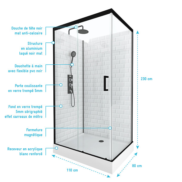 AURLANE - Cabine de douche rectangle 80x110x230cm à motif carreaux de métro - UNDERGROUND RECTANGLE 110 - large