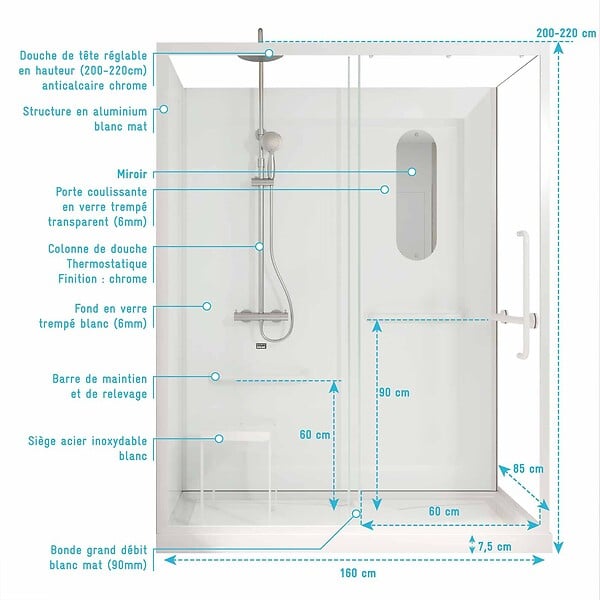 AURLANE - Cabine de douche blanche sécurisée et accessible à tous 160x85x220cm - Mitigeur Thermostatique - large