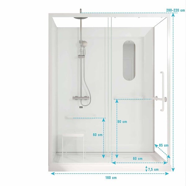 AURLANE - Cabine de douche blanche sécurisée et accessible à tous 160x85x220cm - Mitigeur Thermostatique - large