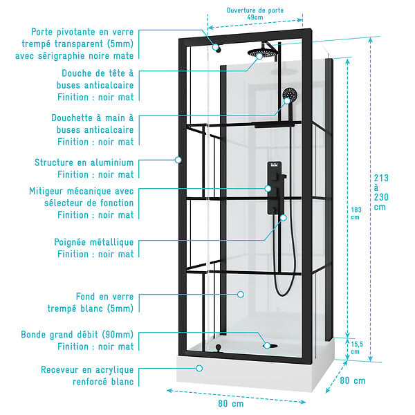 AURLANE - Cabine de douche Carrée 80x80x213 cm - Porte pivotante - Fond Blanc et Profilés Noir Mat - RUBIQ - large