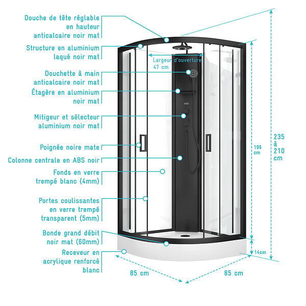 AURLANE - Cabine de douche 1/4 de cercle 85x85x210/235 cm - Receveur + Fonds Blancs / Colonne + Profilés Noirs - large