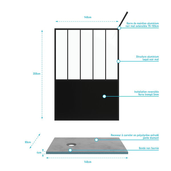 AURLANE - Pack Paroi de douche 140x200 cm noir mat + Receveur de douche a carreler 140x90 cm recoupable - large