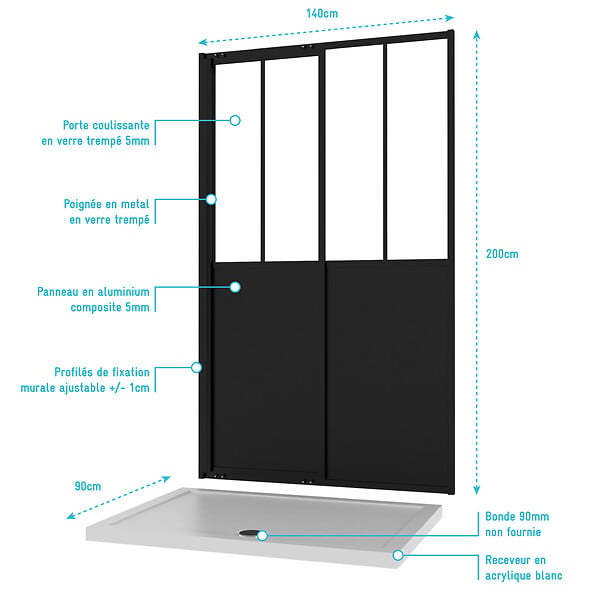AURLANE - Pack Porte Coulissante Noire Mate Type 'Atelier' et Receveur en Acrylique Blanc - 140x90x200 cm - large