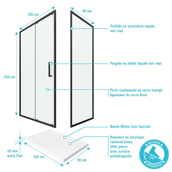 AURLANE - PACK PAROI PORTE DE DOUCHE + PAROI RETOUR + RECEVEUR A POSER - 120x90 COULISSANTE-CRUSH MOON 120x90 - large