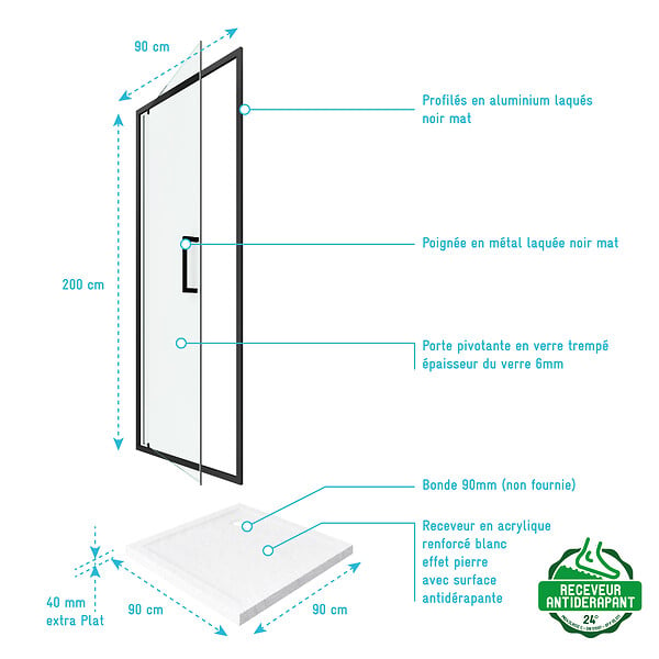 AURLANE - PACK PAROI PORTE DE DOUCHE PIVOTANTE+ RECEVEUR A POSER - 90x90 PIVOTANTE -CRUSH MOON PIVOTANTE 90x90 - large