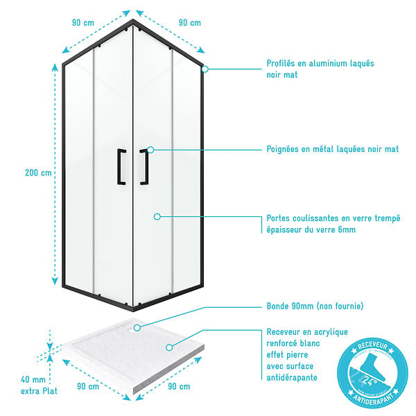 AURLANE - PACK PAROI PORTE DE DOUCHE D'ANGLE+ RECEVEUR A POSER-90x90 OUVERTURE EN ANGLE-CRUSH MOON ANGLE 90x90 - large