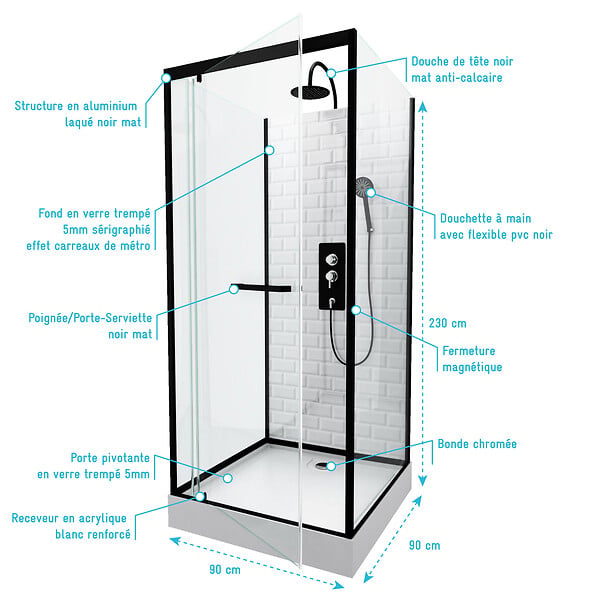 AURLANE - Cabine de douche carrée 90x90x230cm à motif carreaux de métro - UNDERGROUND SQUARE 90 - large