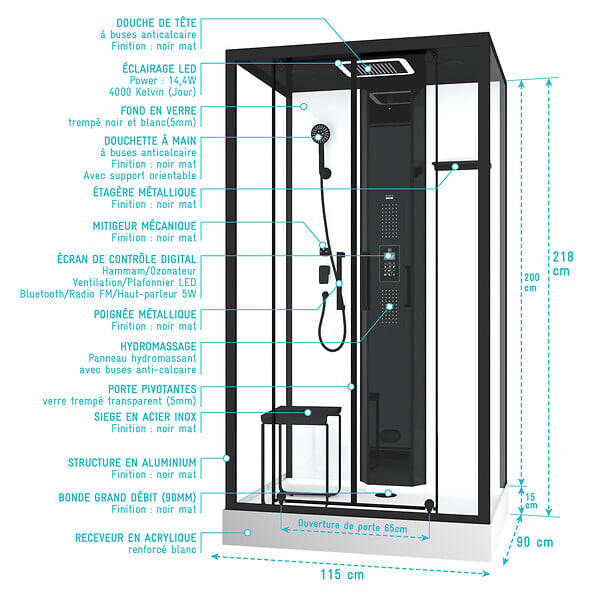 AURLANE - Cabine de douche rectangle 115x90x218 cm - Fonction HAMMAM, Jets Hydromassants, Led et Bluetooth - large