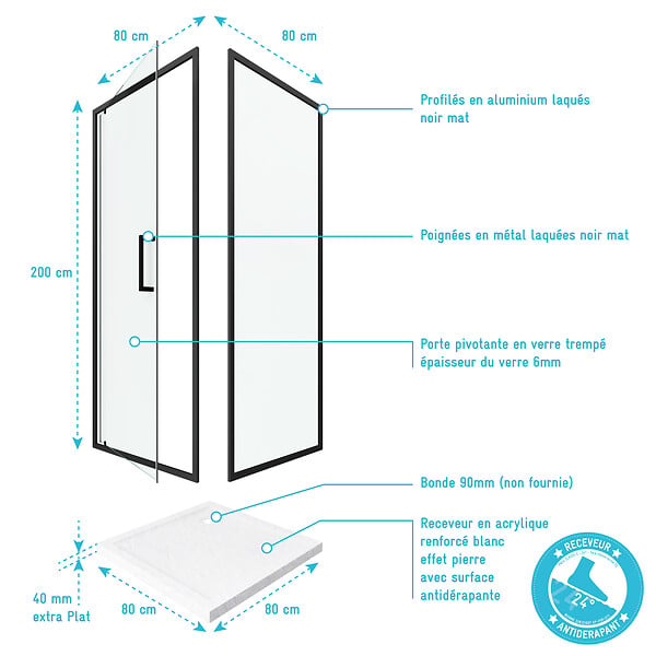 AURLANE - Porte de douche Pivotante et retour profilés noir + receveur a poser - 80x80x204cm - CRUSH PIVOTANTE - large