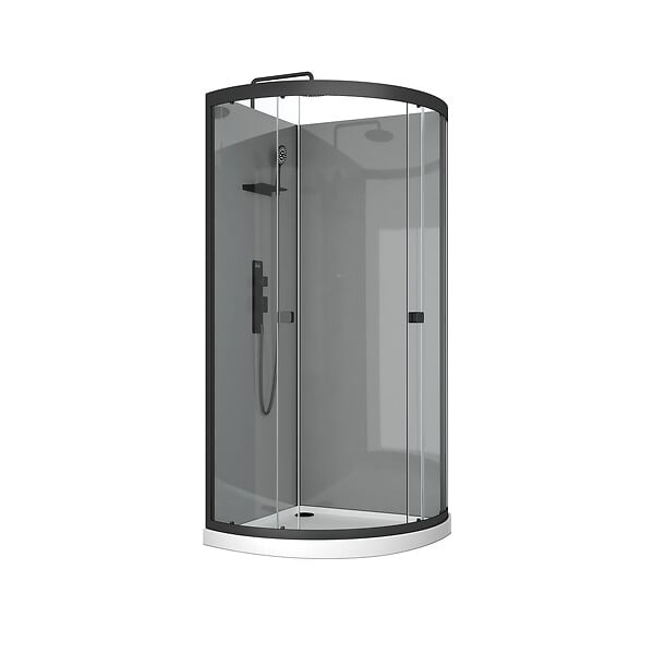 AURLANE - Cabine de douche 1/4 de cercle 90x90x207/222 cm - Receveur bas - Fonds Gris Profilés Noir Mat - FOGGY LOW - large