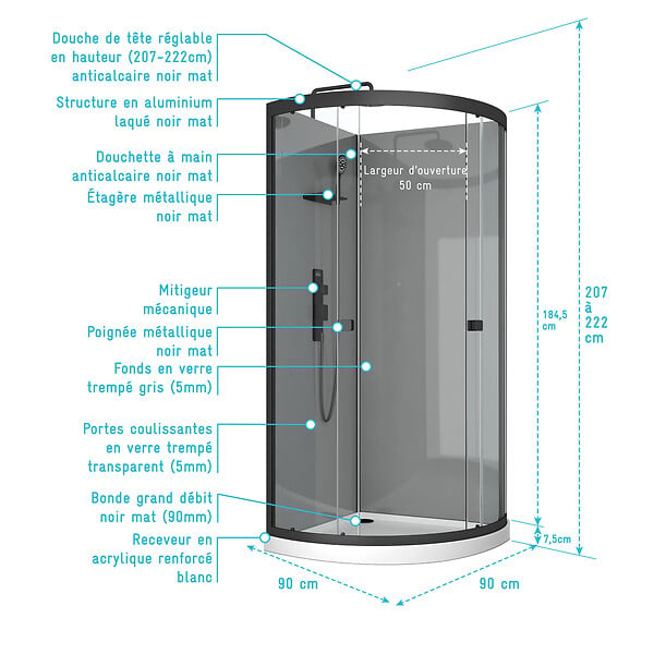 AURLANE - Cabine de douche 1/4 de cercle 90x90x207/222 cm - Receveur bas - Fonds Gris Profilés Noir Mat - FOGGY LOW - large