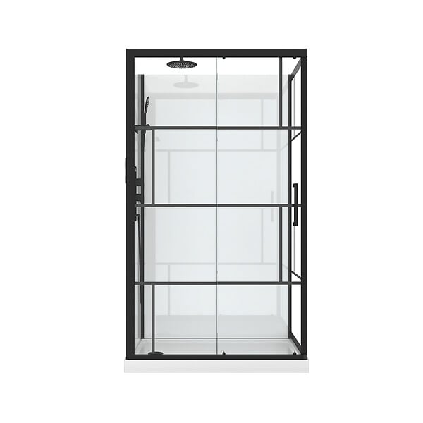 AURLANE - Cabine de douche 110x80cm / Receveur Bas - Verre transparent sérigraphié et Blanc - Profilés Noir - large