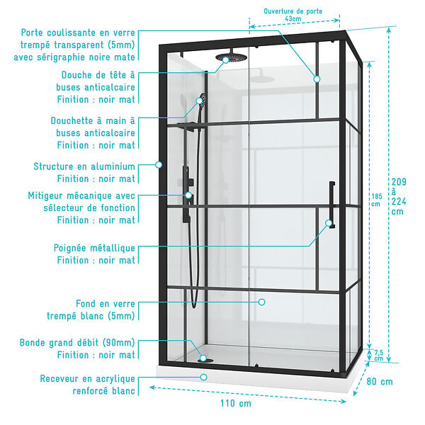 AURLANE - Cabine de douche 110x80cm / Receveur Bas - Verre transparent sérigraphié et Blanc - Profilés Noir - large