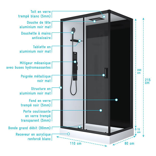 AURLANE - Cabine de douche 110x80x215cm - Verre Trempé - Mitigeur Noir - DUALITY 4 RECTANGLE - large