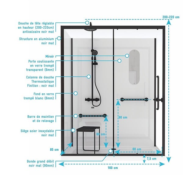 AURLANE - Cabine de douche Sécurisée et Accessible à Tous 160x85x220cm - Mitigeur Thermostatique - large