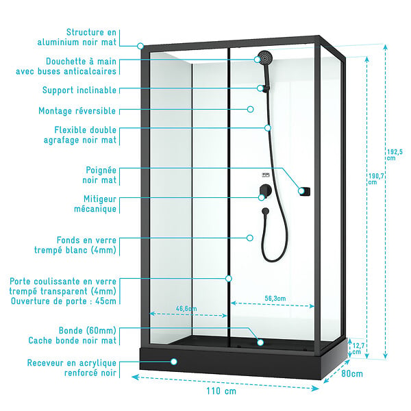 AURLANE - Cabine de douche rectangulaire 110x80x197 cm - Porte coulissante - Receveur Noir Mat - large