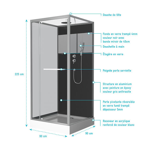 AURLANE - Cabine de Douche Carrée 90x90cm Porte Pivotante - Fond Noir avec bande effet miroir - SQUARE STRIPE - large