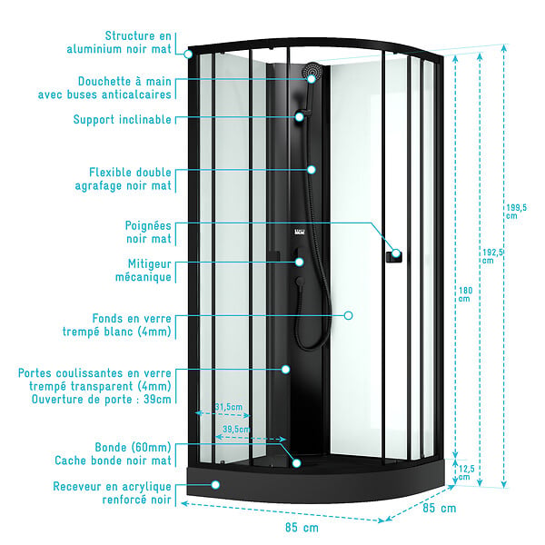 AURLANE - Cabine de douche 1/4 de cercle 85x85x200 cm - Portes coulissantes - Receveur Noir Mat - large