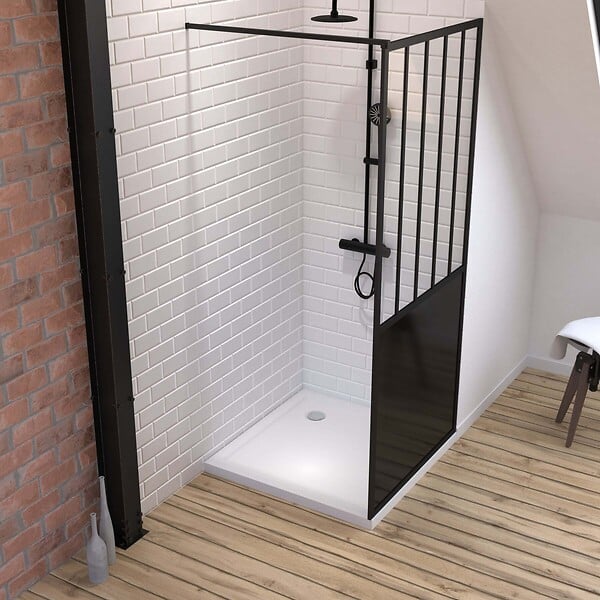 AURLANE - Pack Paroi de douche 90x200 CM NOIR MAT - VERRE TREMPE 5 mm + RECEVEUR A POSER EXTRA PLAT 90x90 - large