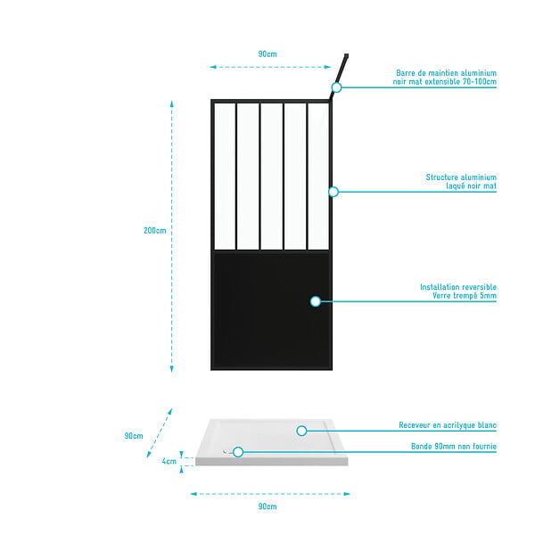 AURLANE - Pack Paroi de douche 90x200 CM NOIR MAT - VERRE TREMPE 5 mm + RECEVEUR A POSER EXTRA PLAT 90x90 - large