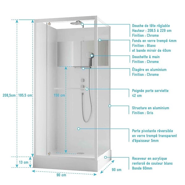 AURLANE - Cabine de Douche Carrée 90x90cm Porte Pivotante - Blanche - Bande Effet Miroir - SQUARE STRIPE - large