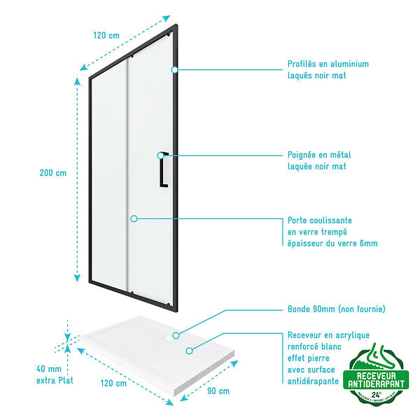 AURLANE - PACK PAROI PORTE DE DOUCHE + RECEVEUR A POSER - 120x90 COULISSANTE-CRUSH MOON 120x90 - large