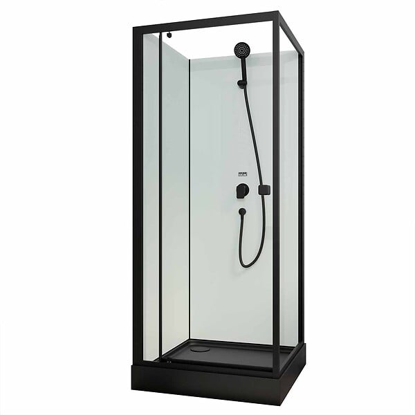 AURLANE - Cabine de douche carrée 80x80x200cm - Porte pivotante - Fonds Blancs - Receveur et Profilés Noirs - large