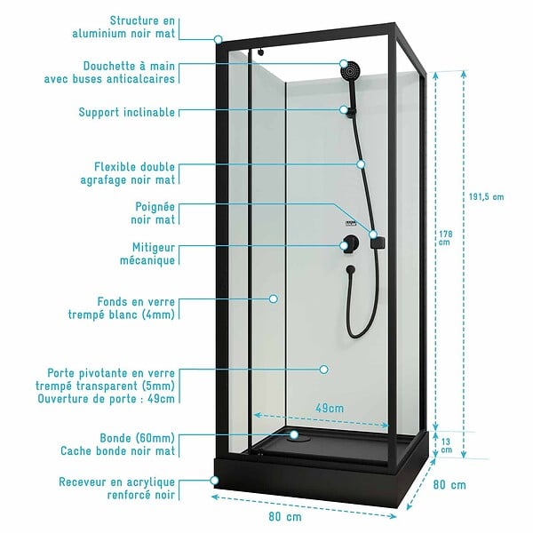 AURLANE - Cabine de douche carrée 80x80x200cm - Porte pivotante - Fonds Blancs - Receveur et Profilés Noirs - large