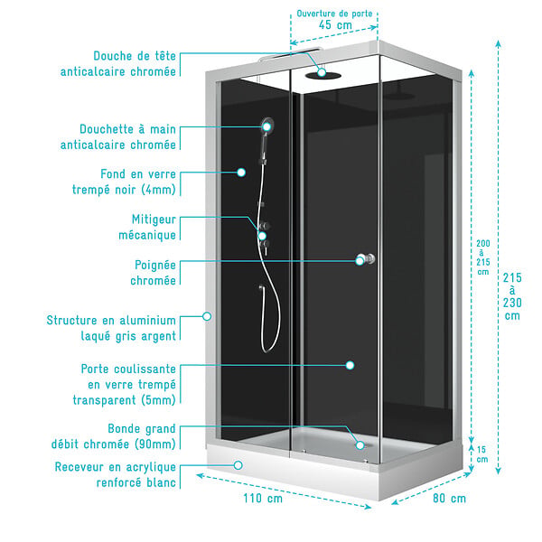 AURLANE - cabine de douche SHADOW CORNER RECTANGLE - 110x80x230cm - large