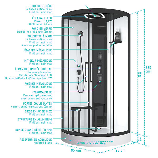 AURLANE - Cabine de douche 1/4 de cercle 95x95x218 cm - Fonction HAMMAM, Jets Hydromassants, Led et Bluetooth - large