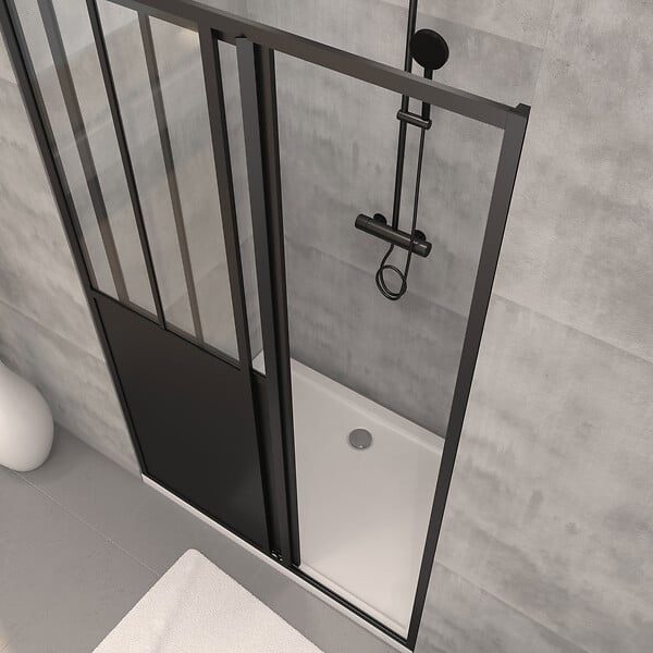 AURLANE - Pack Porte Coulissante Noire Mate Type 'Atelier' et Receveur en Acrylique Blanc - 120x90x200 cm - large