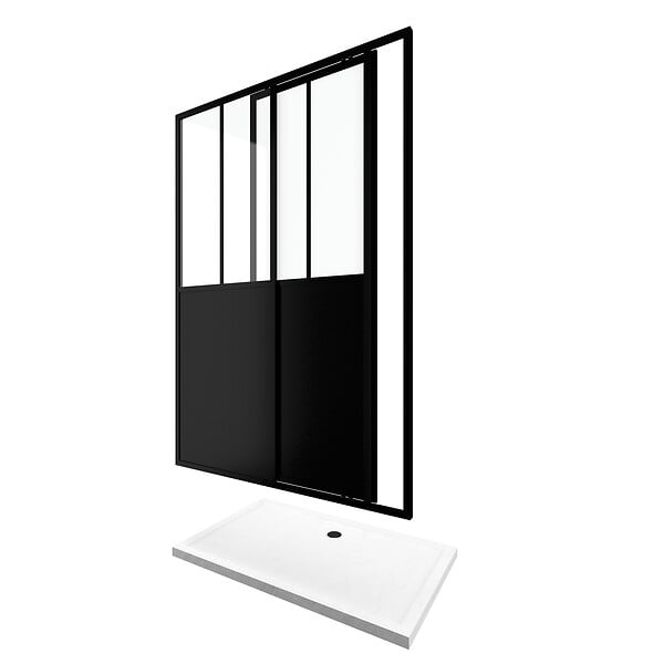AURLANE - Pack Porte Coulissante Noire Mate Type 'Atelier' et Receveur Blanc Effet Pierre - 120x90x200 cm - large