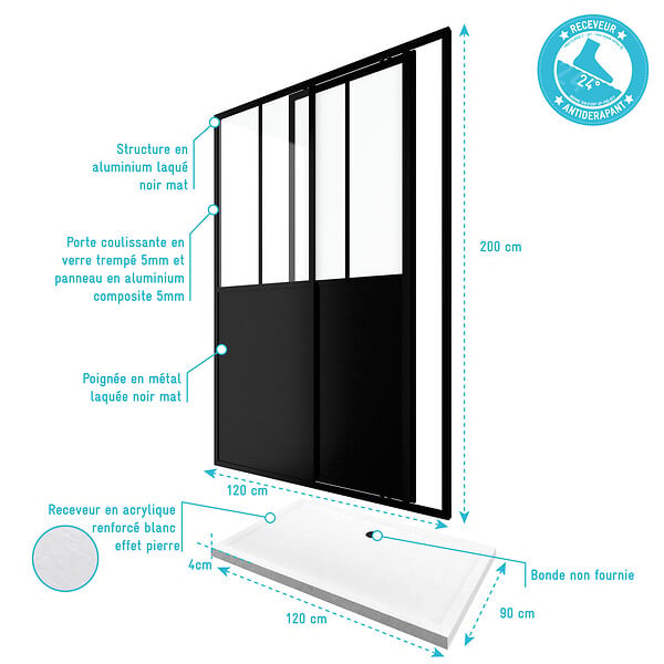 AURLANE - Pack Porte Coulissante Noire Mate Type 'Atelier' et Receveur Blanc Effet Pierre - 120x90x200 cm - large