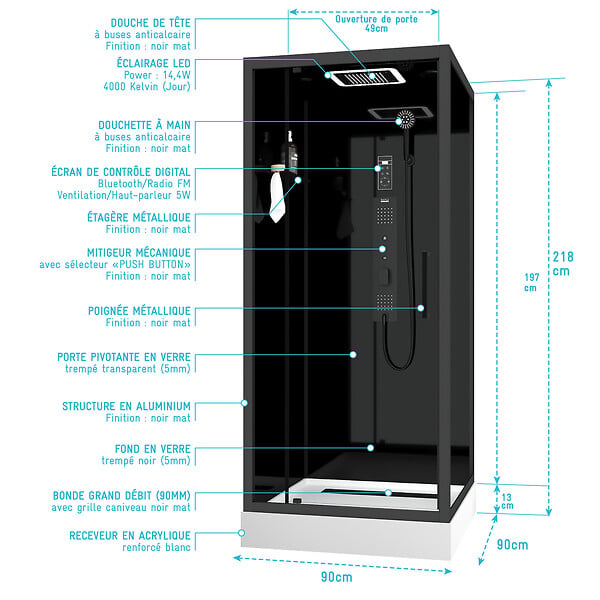 AURLANE - Cabine de douche Carrée Hydro 90x90x218 cm - Porte Pivotante - Fond & Profilés Noir Mat - large
