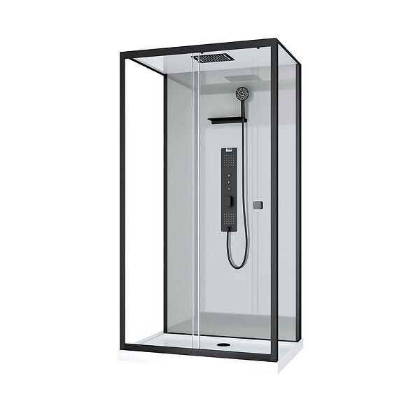 AURLANE - Cabine de douche Hydromassante 110x80 Receveur Bas - Fond Gris et Profilés Noir Mat - GREY STYLE LOW - large